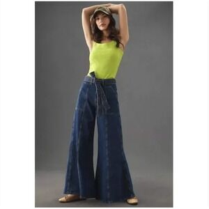 Farm Rio Women 26 High Waisted Wide Leg Belted Denim Jeans Dark Wash Cotton